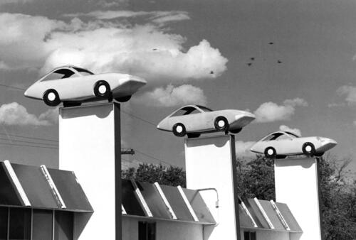 Flying Cars – Albuquerque – circa 1980s, black and white silver gelatin print