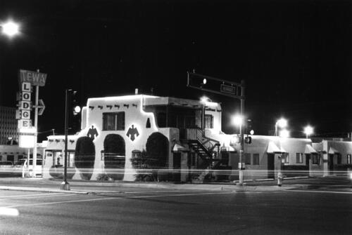 Tewa Lodge at Night, Albuquerque, New Mexico, 2012, black and white silver gelatin print