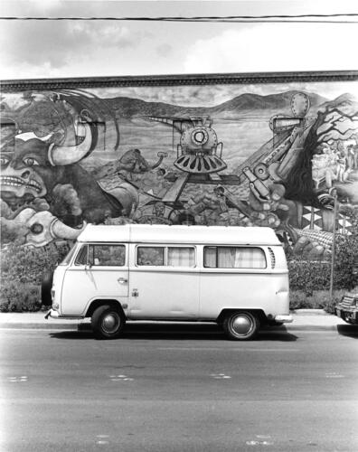 Volkswagen Bus and Mural, Albuquerque, New Mexico, circa 1980s, black and white silver gelatin print