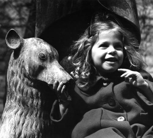Rebecca and Stone Dog, Evanston, Early 1970s (black-and-white, silver-gelatin print)